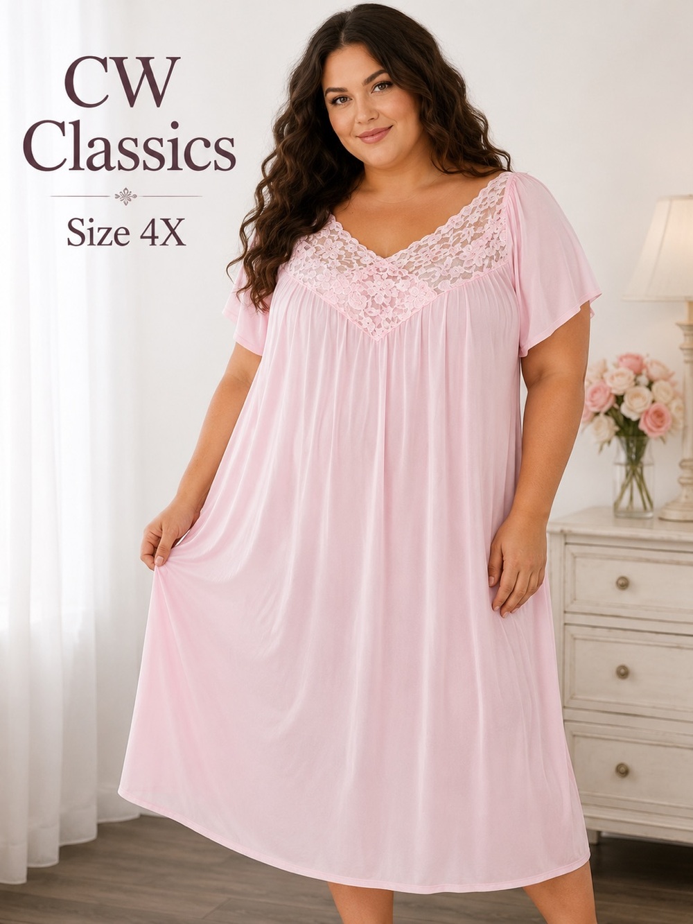 CW Classics Nightgown Size 4X  Pink Pullover Beautiful Lace Neckline NWOT